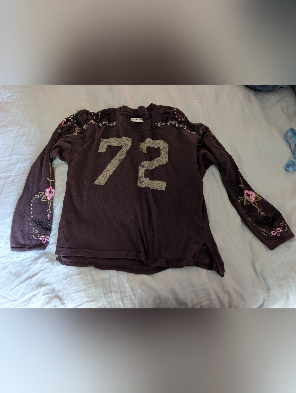 We The Free Free People Distressed Embroidered Graphic Top Brown S